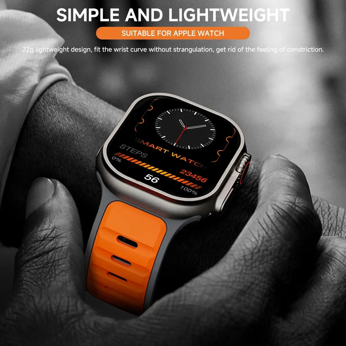 Close-up of Apple Watch with orange rugged silicon dual tone sports band, showcasing lightweight and comfortable design.