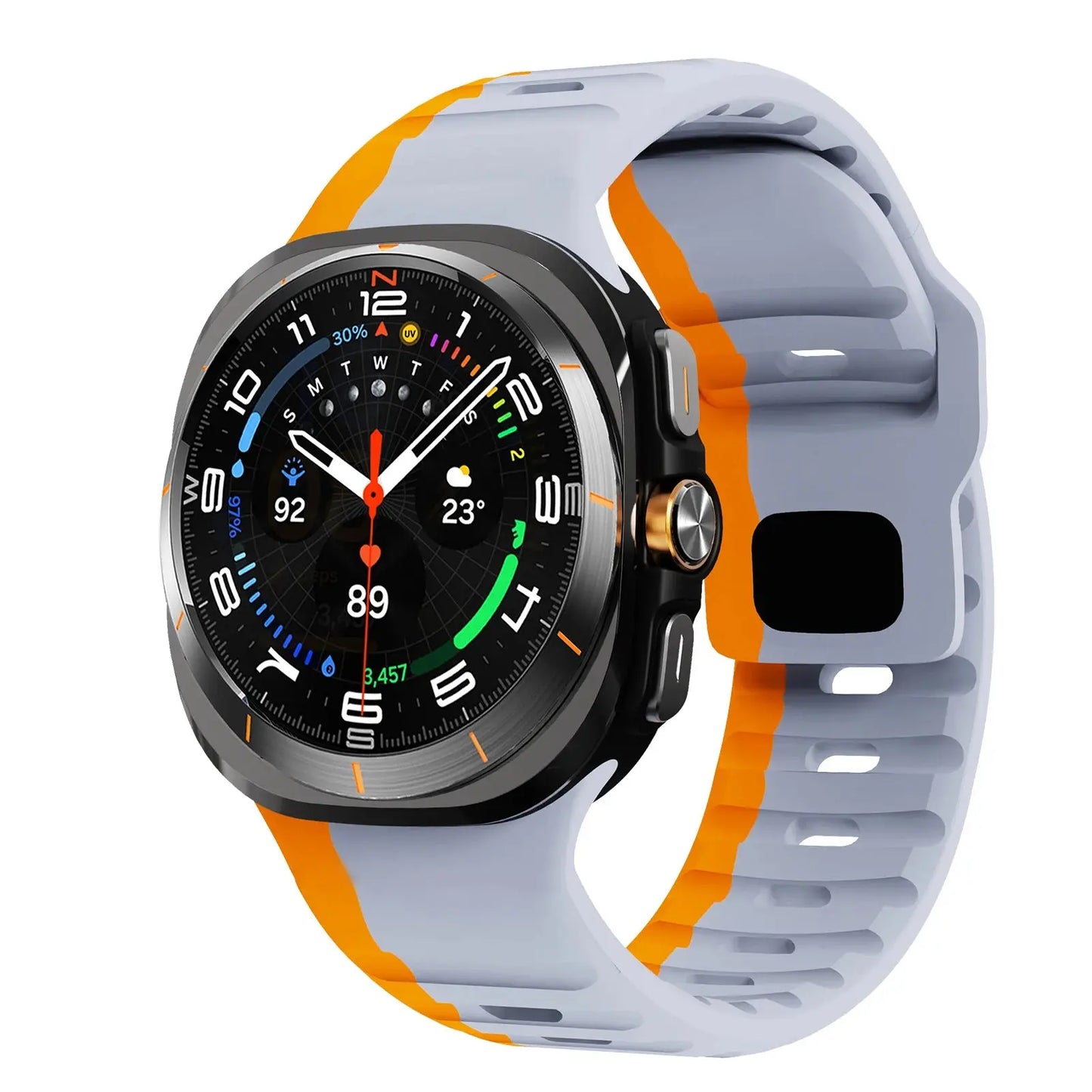 Rugged silicon band for Samsung Galaxy Watch Ultra featuring a sporty design in grey and orange.