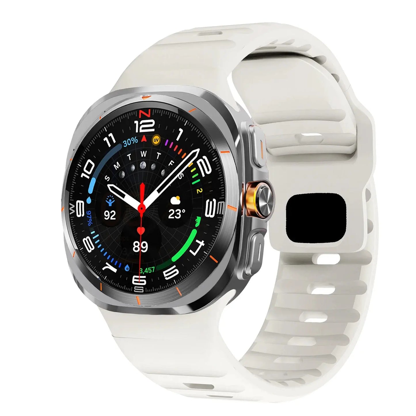 Rugged silicon band for Samsung Galaxy Watch Ultra in white, showcasing a sporty design and vibrant watch face.