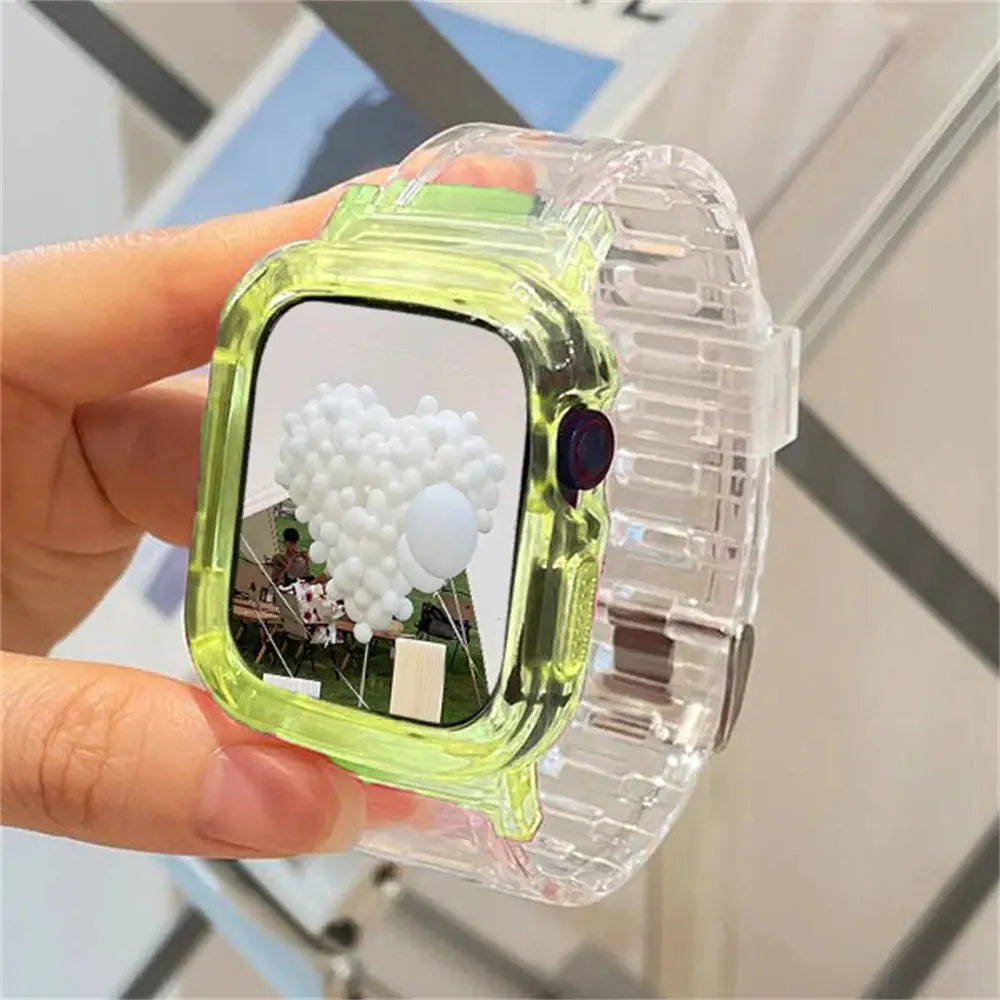 Korean cute transparent silicone Apple Watch band and case showcasing a heart-shaped balloon design.