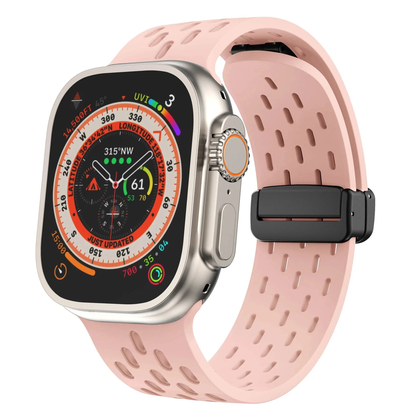 Breathable silicone magnetic clasp band for active lifestyle, perfect fit for Apple Watch, featuring ventilation holes for airflow.