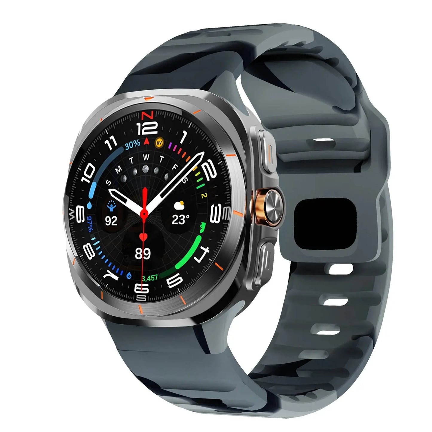 Rugged silicone band for Samsung Galaxy Watch Ultra in gray, showcasing a sporty look and digital display.