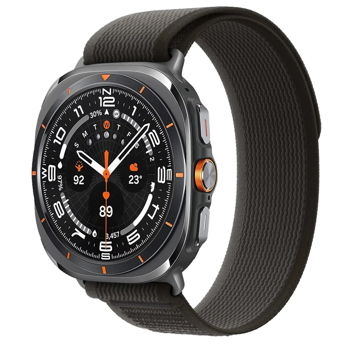 Soft stretchy nylon trail band on a Galaxy Watch Ultra, ideal for comfort and active lifestyles.