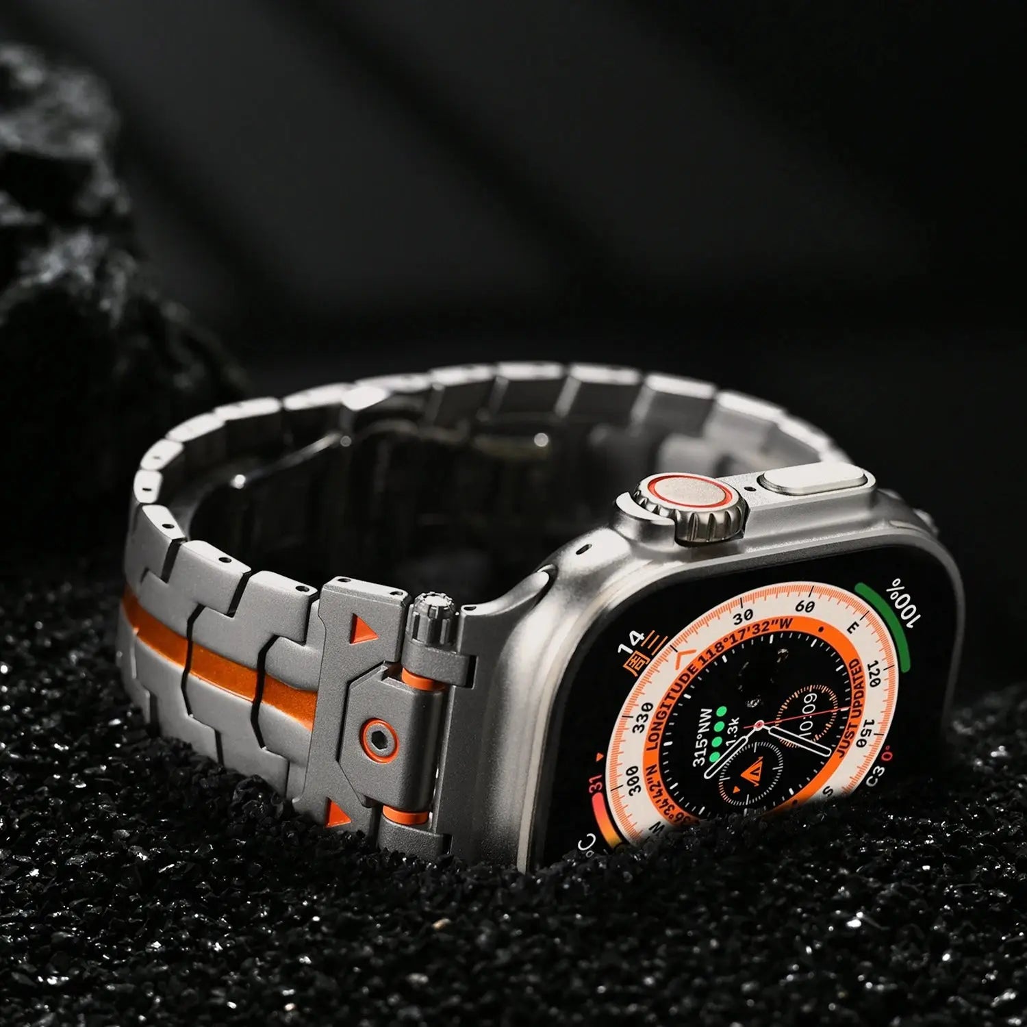 Quentin Metal Band on Apple Watch Ultra 49mm, showcasing durable stainless steel design with sleek black and orange accents.