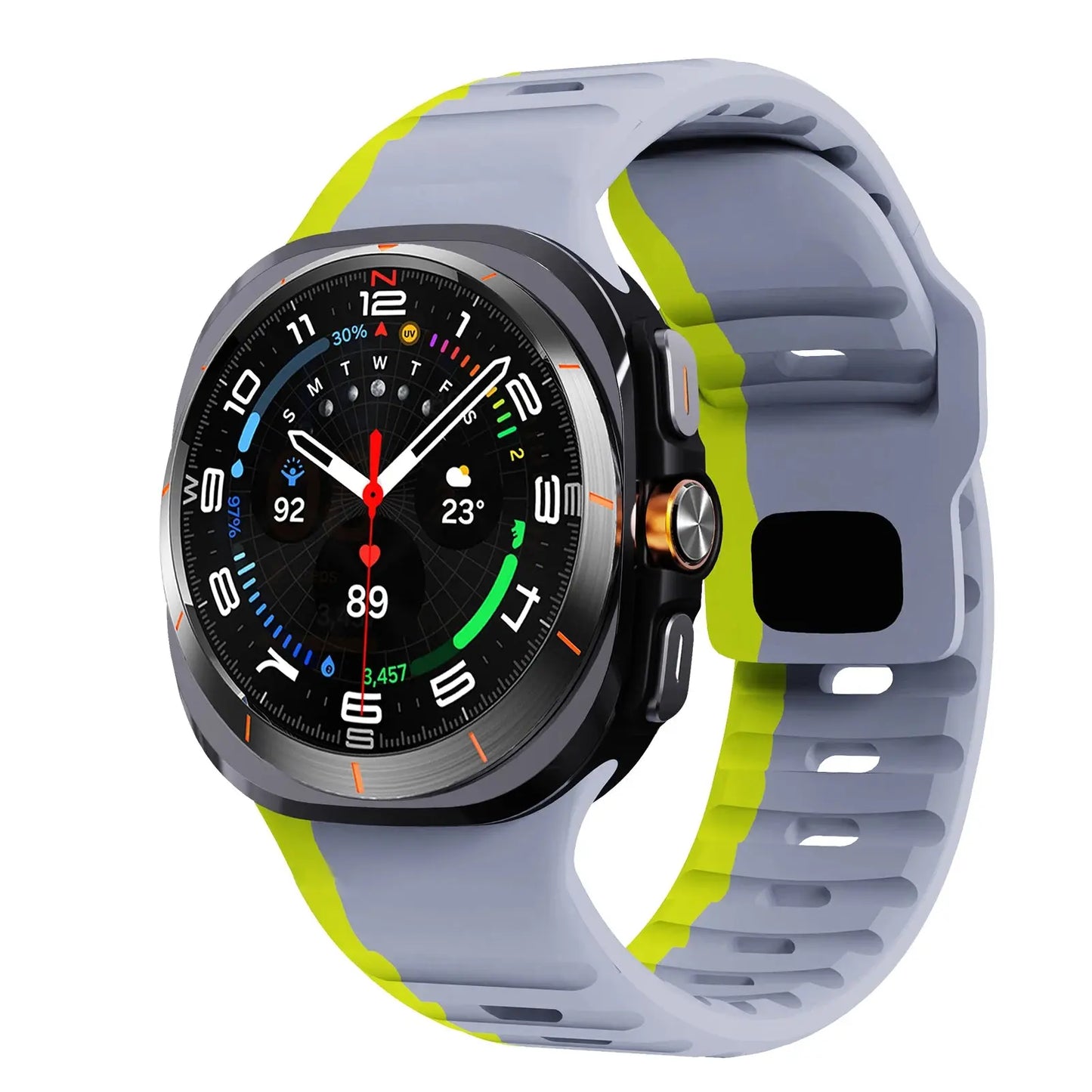 Rugged silicon band for Samsung Galaxy Watch Ultra in gray and green, showcasing durability and sporty style.