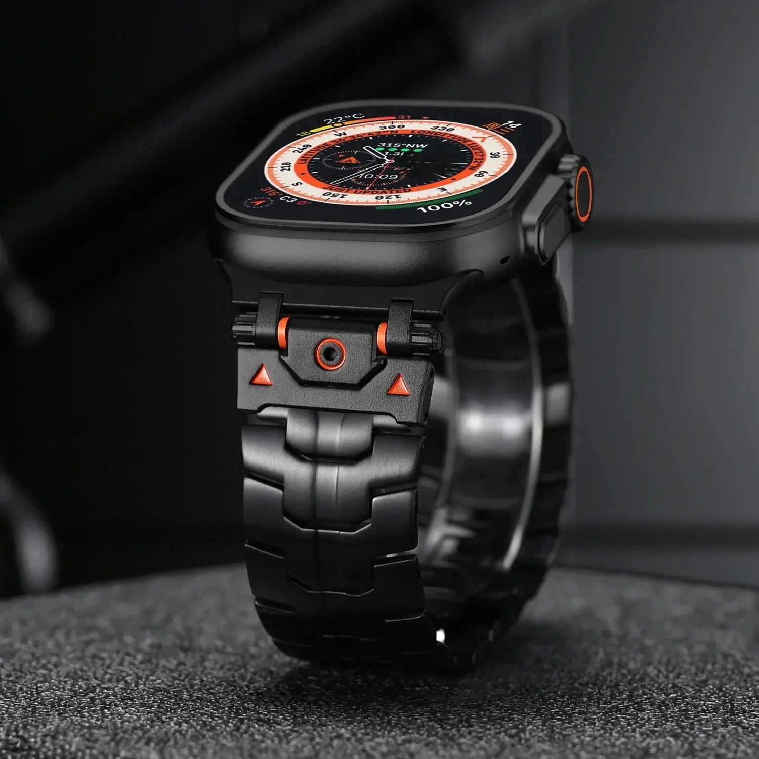 Quentin Metal Band for Apple Watch Ultra 49mm in black, showcasing a sleek design with orange accents.