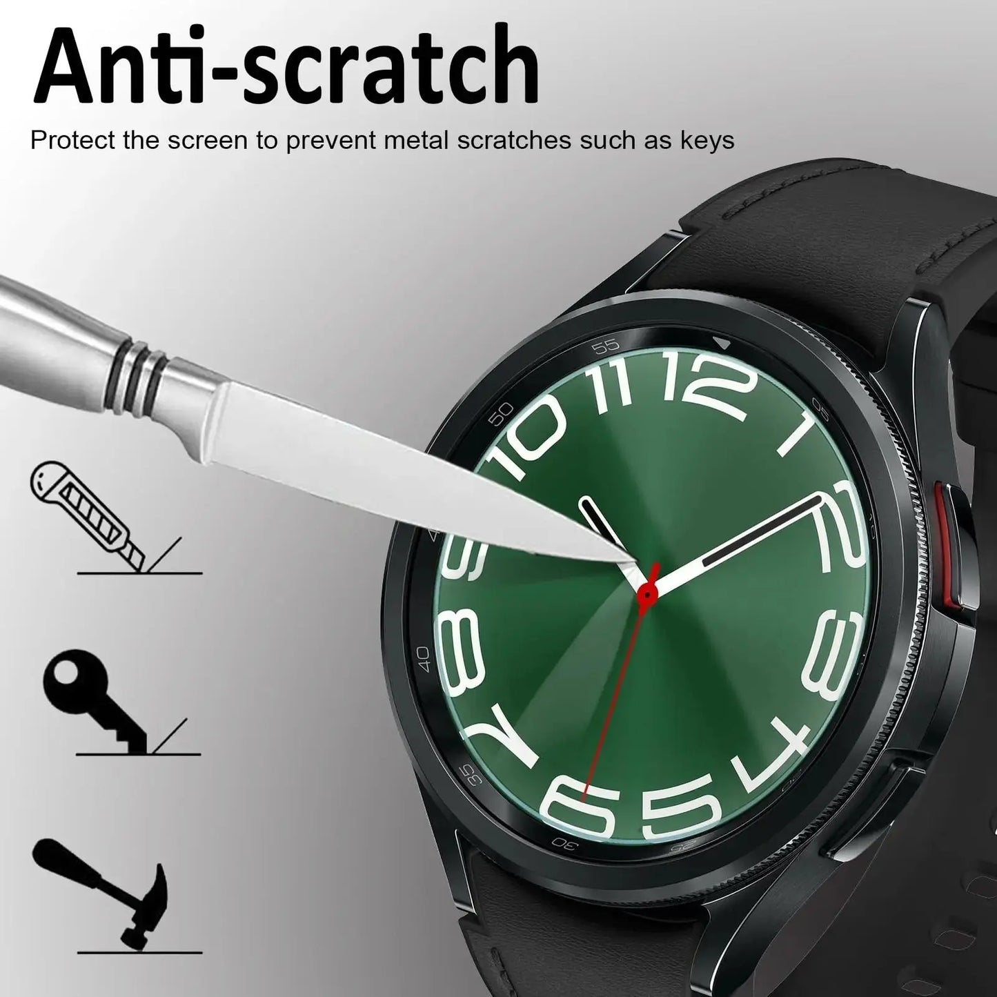 Anti-scratch tempered glass screen protector for Samsung Galaxy Watch, shielding against metal scratches from keys and tools.
