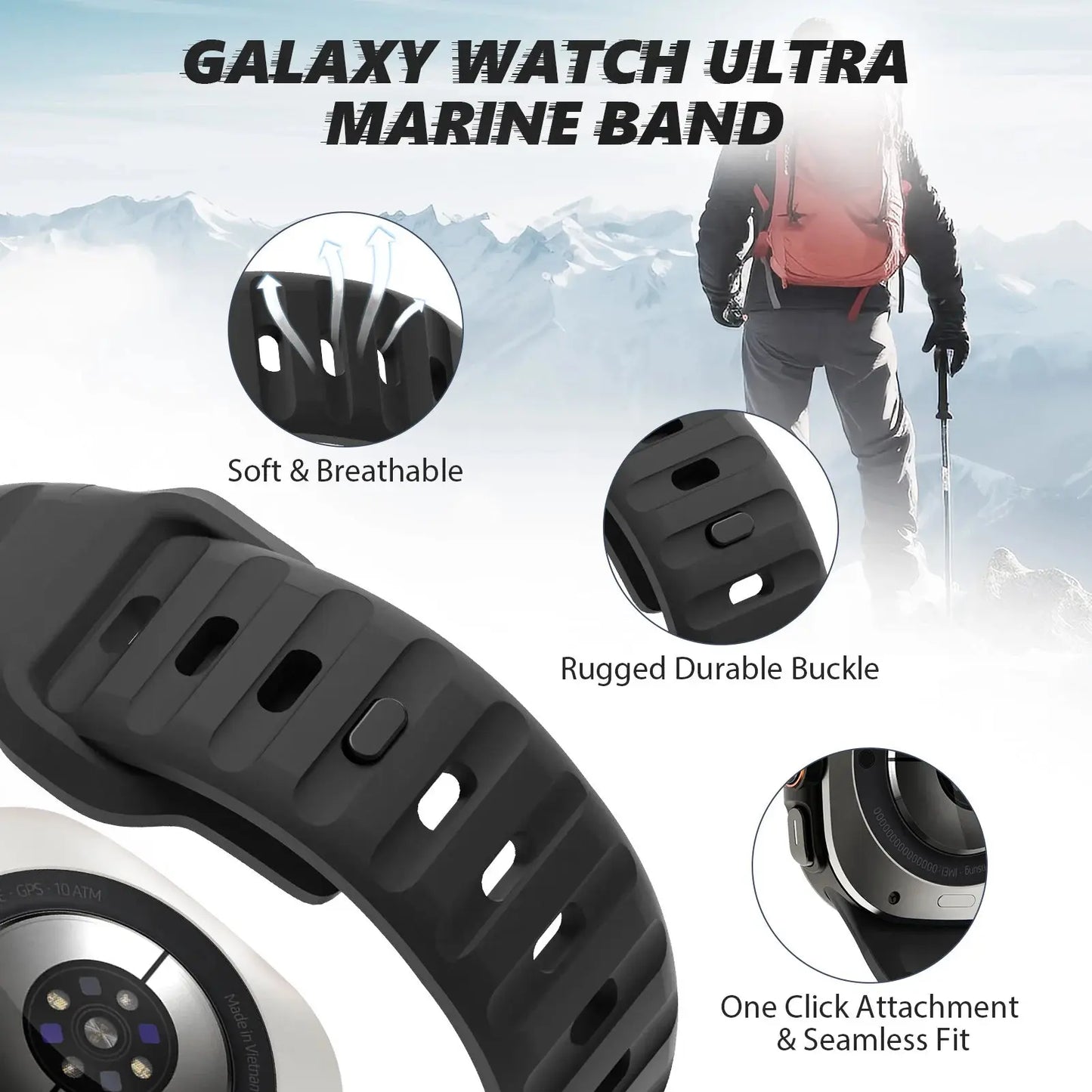 Rugged silicon band for Samsung Galaxy Watch Ultra featuring breathable material and durable buckle for active lifestyles.