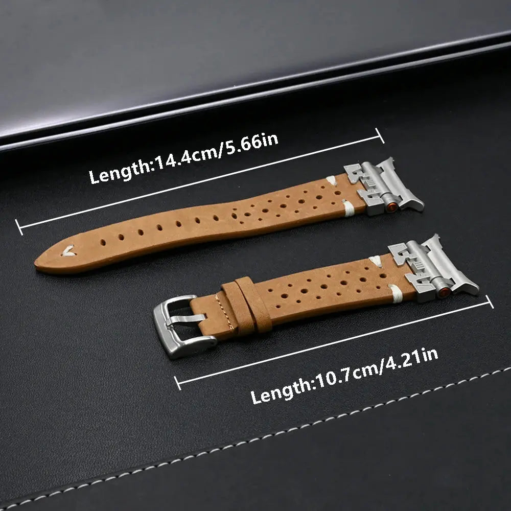 Rocco Galaxy Ultra Leather Band in tan with breathable holes and silver connectors, lengths 14.4cm and 10.7cm.