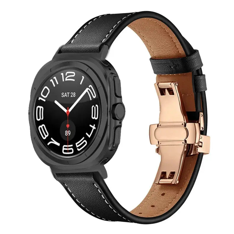 Classic Leather Ultra Band for Galaxy Watch Ultra showing a stylish black watch strap with butterfly clasp and polished finish.