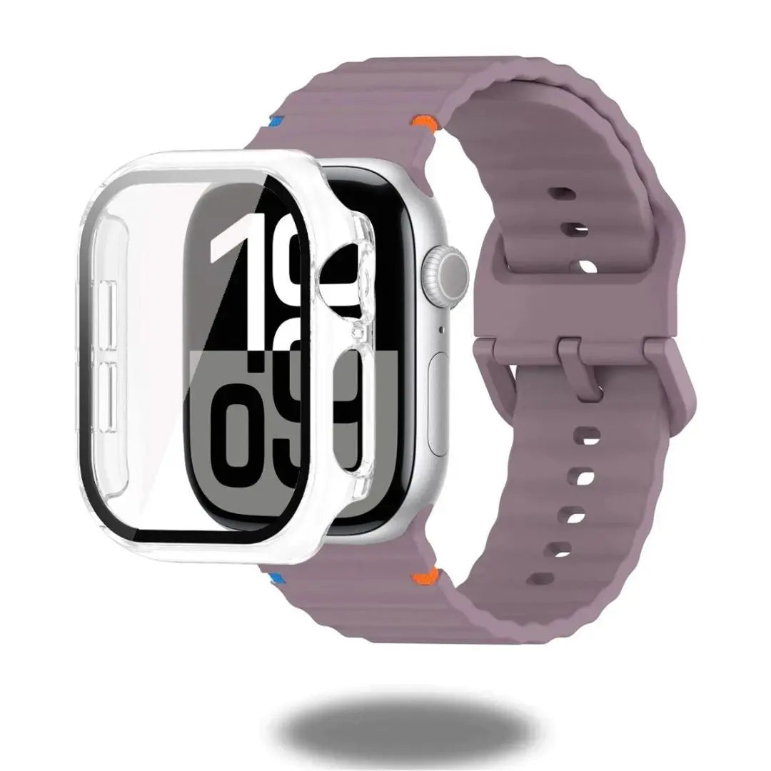 Silicon sports strap and clear case for Apple Watch, showcasing durability and style in a comfortable fit.