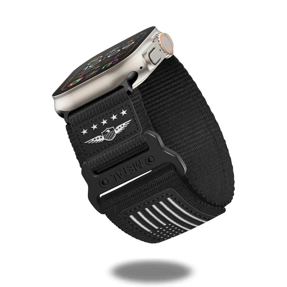 Apple Watch with Sport Woven Nylon Band featuring USA flag design and durable metal buckle, ideal for the iWatch Ultra 3.