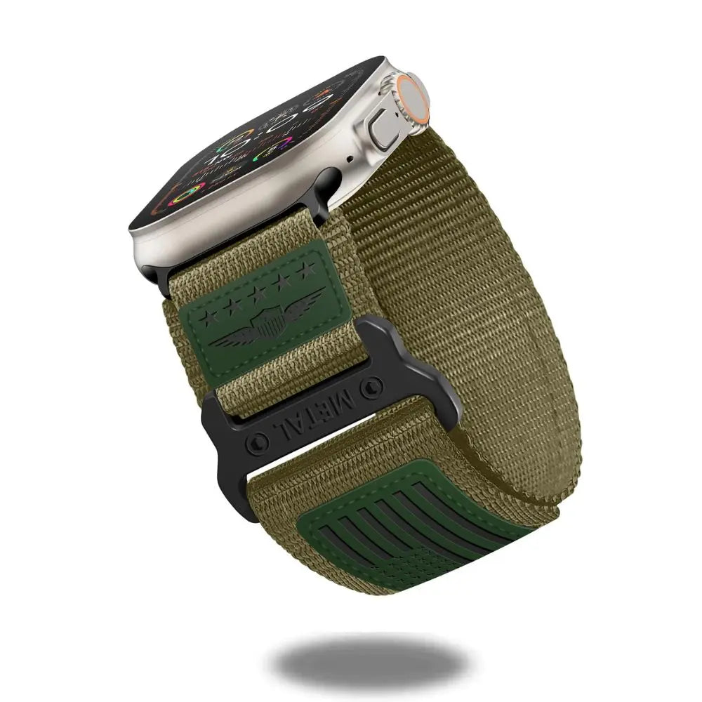 Sport woven nylon band for Apple Watch in olive green with sturdy buckle and connector, showcasing rugged style.