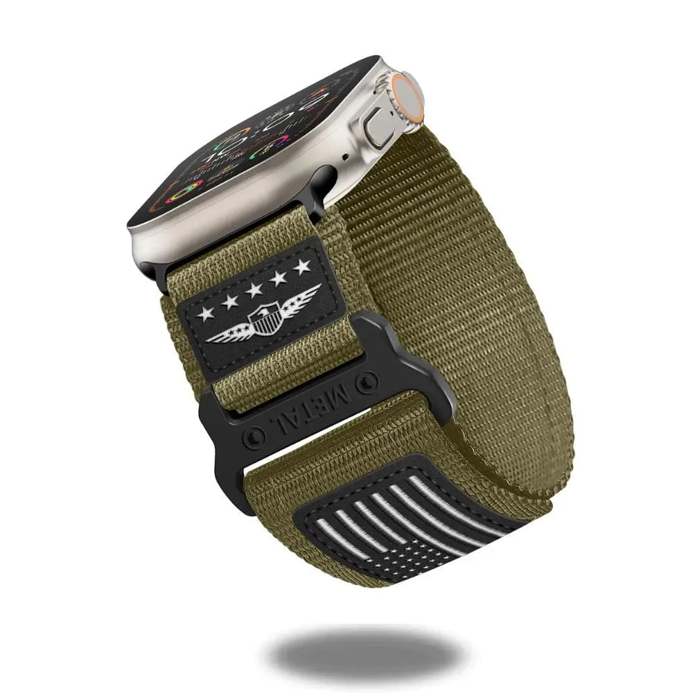 Sport Woven Nylon Band with USA Flag for Apple Watch, durable, skin-friendly, olive green, designed for iWatch Ultra 3.