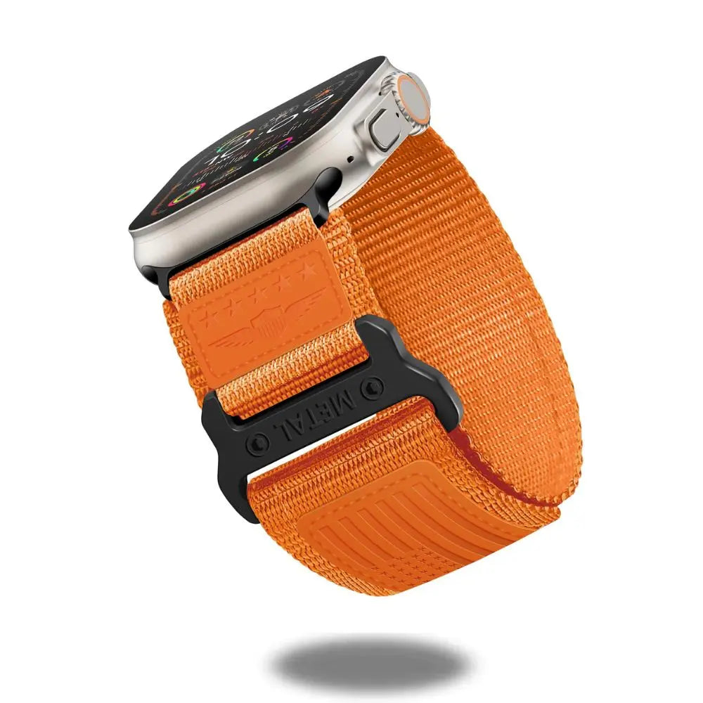 Sport Woven Nylon Band in vibrant orange for Apple Watch, rugged style with a durable metal buckle, perfect for iWatch Ultra 3.