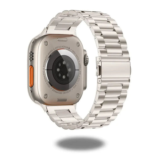 Classic stainless steel band on smartwatch showcasing luxurious design and high-tech features for comfortable wear.