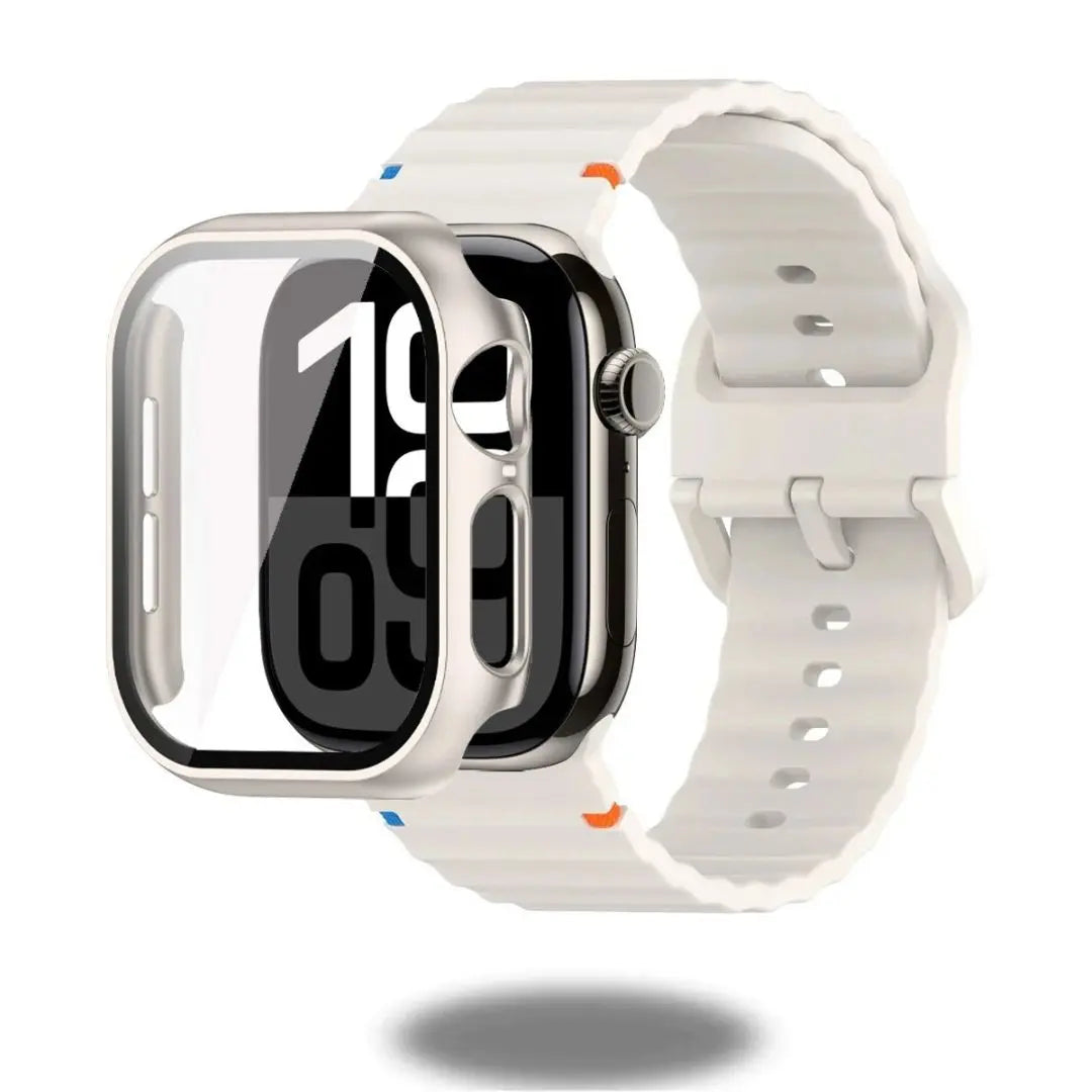 Silicon sports straps and protective case for Apple Watch in white, showcasing durability and comfort for daily wear.