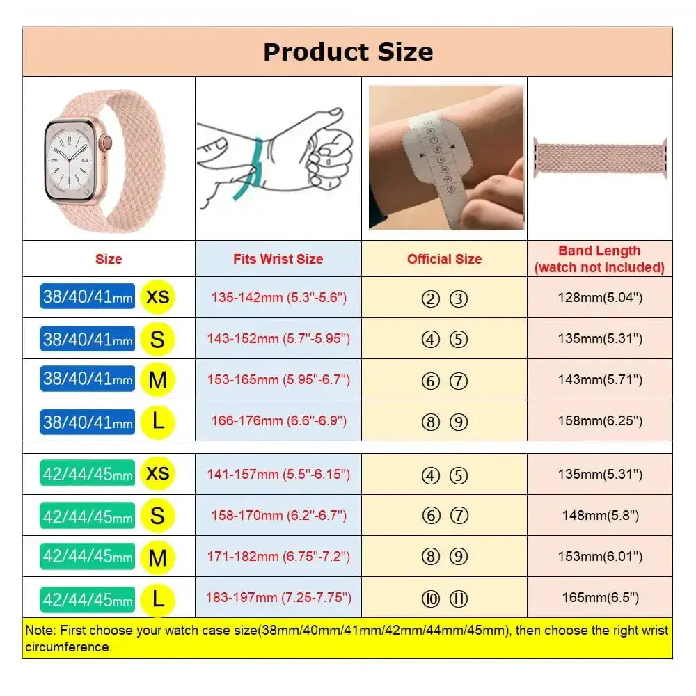 Product size guide for Braided Solo Loop Band for Apple Watch showing wrist sizes and band lengths.