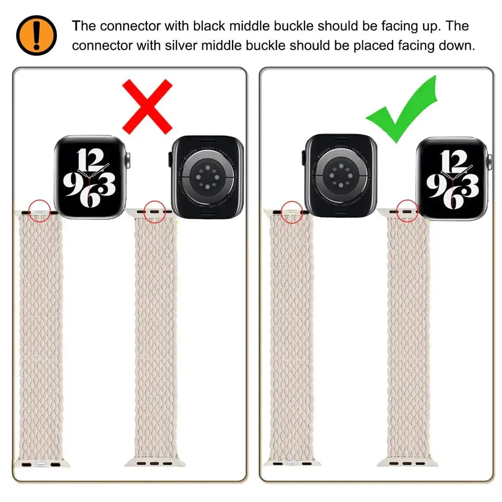 Braided Solo Loop Band for Apple Watch installation guide showing correct and incorrect connector placements with buckles.