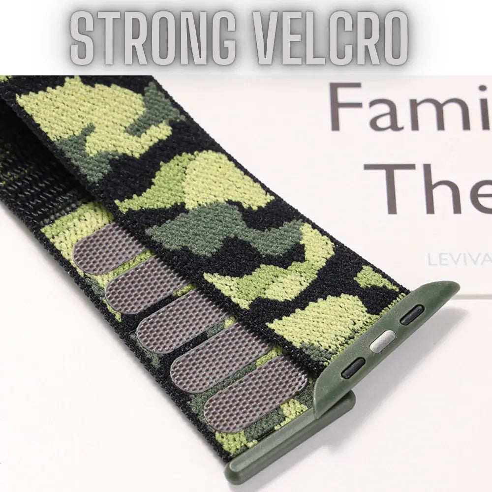 Camouflage sports nylon band featuring strong Velcro for durability and comfort, perfect for fitness enthusiasts and casual wear.