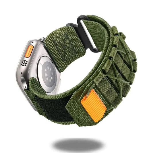 Tactical nylon loop band for Apple Watch in army green, featuring durable buckle connectors and stylish design for outdoor activities.
