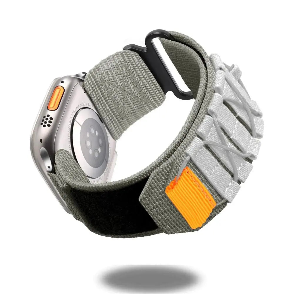 Tactical nylon loop band for Apple Watch, featuring military-inspired design and durable stainless steel buckle.
