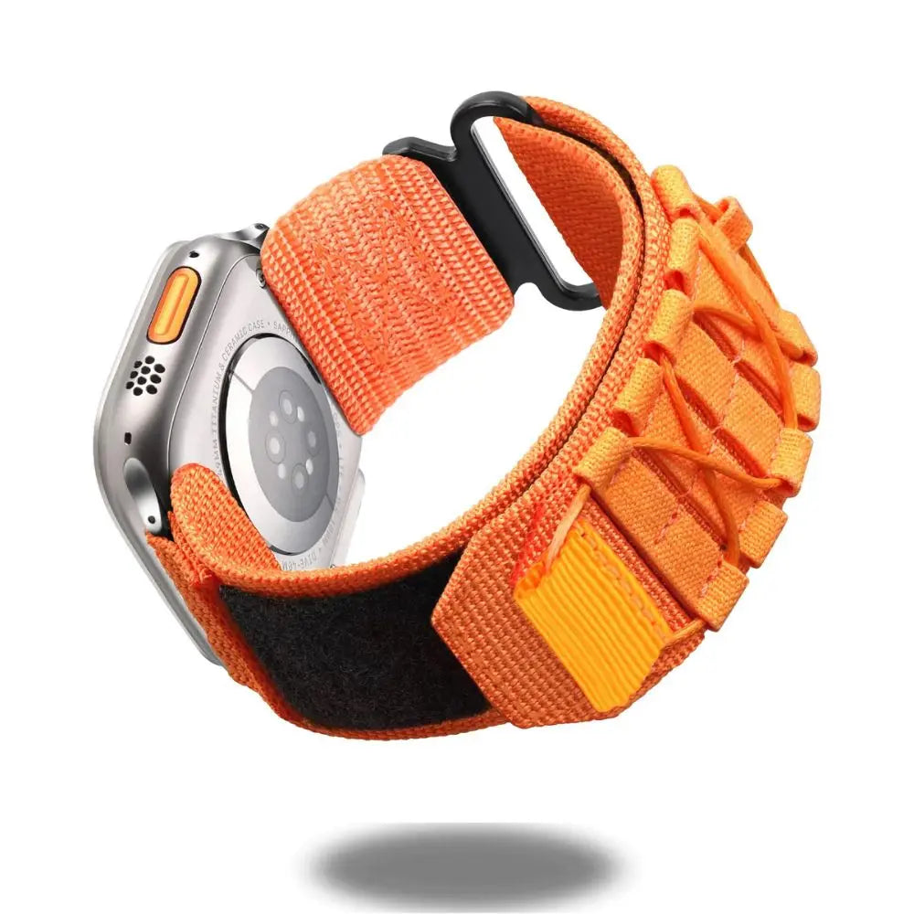 Tactical Nylon Loop Bands for Apple Watch in vibrant orange with a heavy-duty buckle and secure fit.