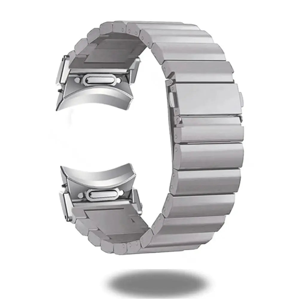 Luxury titanium quick fit band for Samsung Galaxy Watch showcasing sleek design and adjustable links.