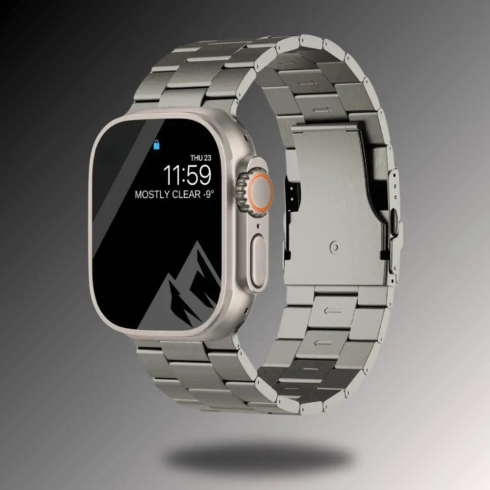 Titanium alloy bracelet for Apple Watch, showcasing strength, elegance, and durability with a sleek silver finish.