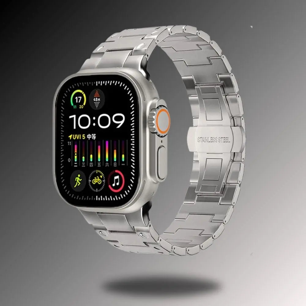 Titanium alloy bracelet for Apple Watch with durable, lightweight design showcasing power and elegance.
