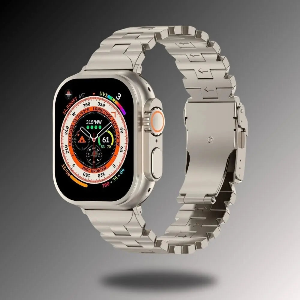 Titanium alloy Apple Watch band showcasing strength and elegance, designed for durability and comfort.