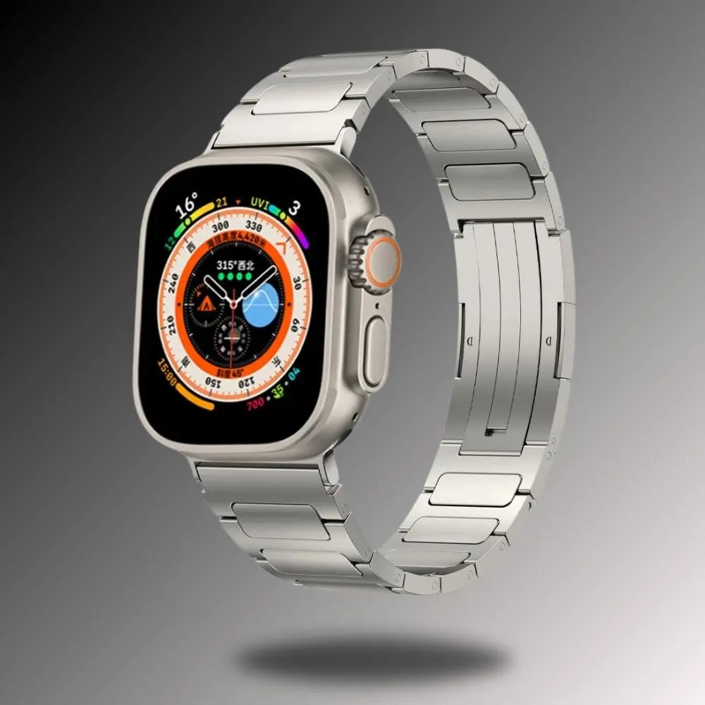Titanium alloy bracelet for Apple Watch, showcasing strength and sophistication with a sleek, modern design.