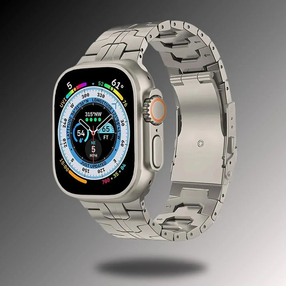 Titanium alloy bracelet for Apple Watch, showcasing a blend of strength, elegance, and durability, perfect for customization.