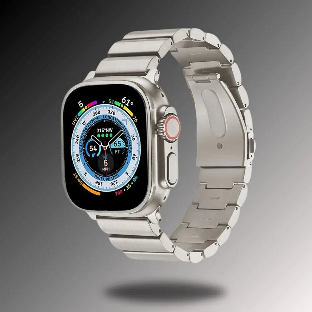 Titanium alloy bracelet for Apple Watch showcasing durability and elegance with a sleek design.