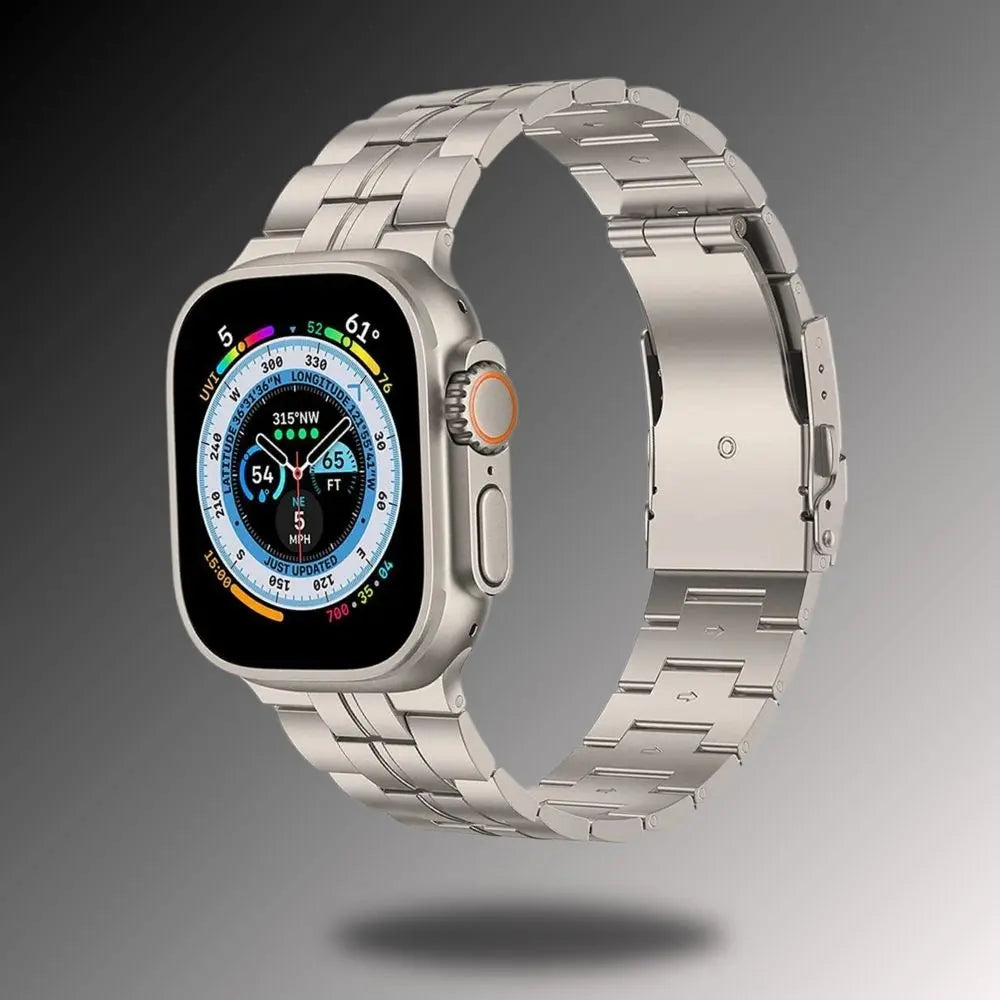Titanium alloy bracelet for Apple Watch showcasing strength, elegance, and durability in a modern design.