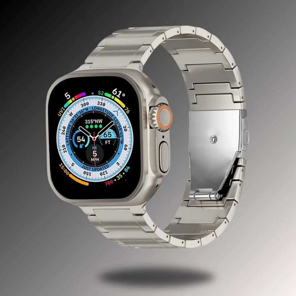 Titanium alloy bracelet on an Apple Watch, showcasing strength and sophistication in a lightweight design.
