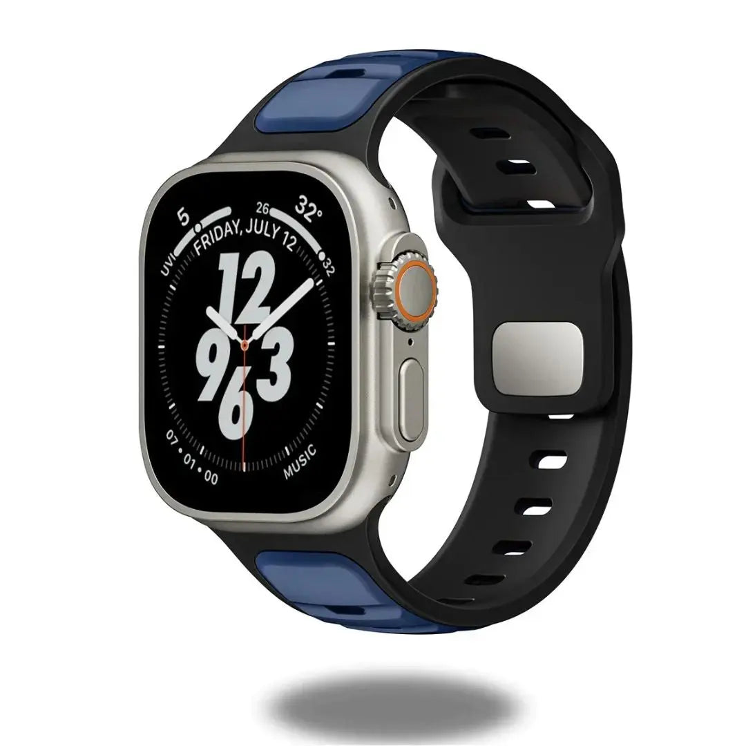 Trendy rugged silicon dual tone sports band on Apple Watch, perfect for active lifestyles and everyday wear.