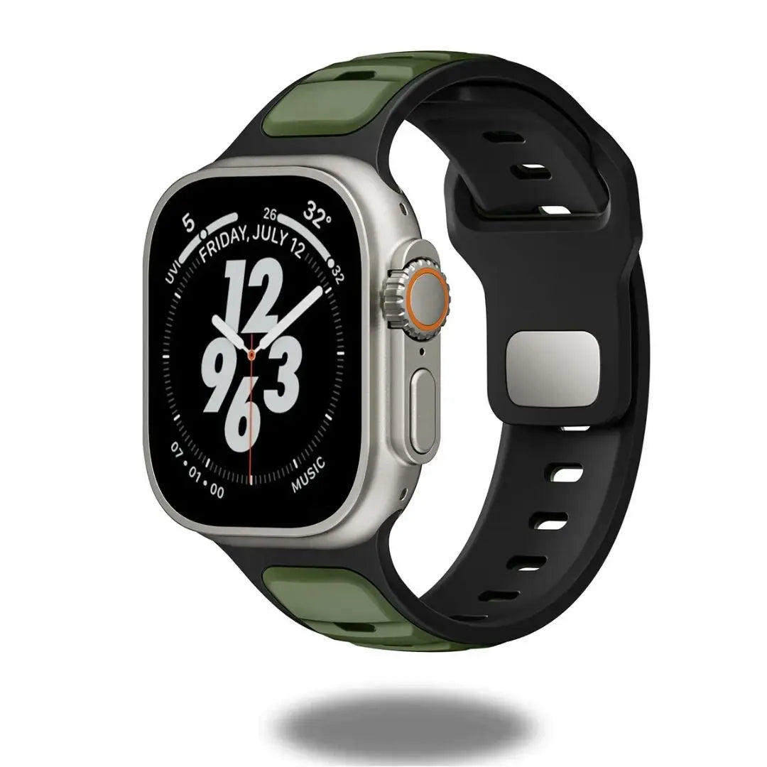 Trendy rugged silicon dual tone sports band for Apple Watch in black and green, combining style and functionality.