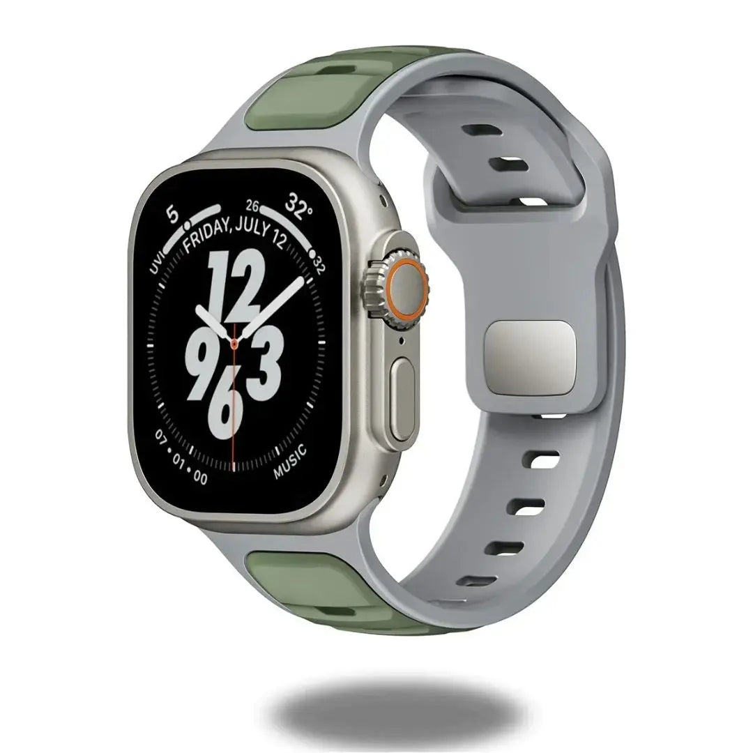 Apple Watch with Trendy Rugged Silicon Dual Tone Sports Band in gray and green, ideal for an active lifestyle.