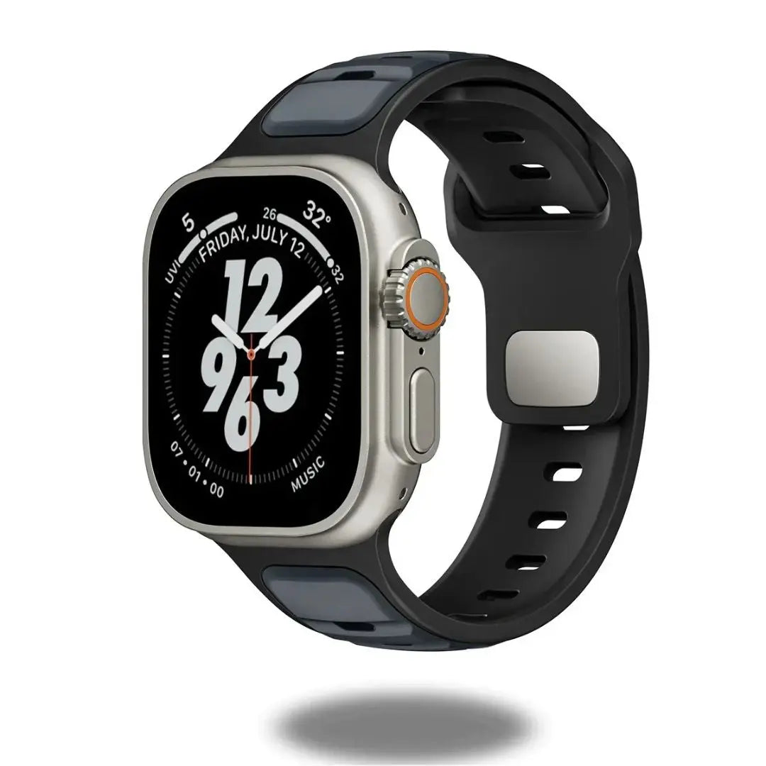 Trendy Rugged Silicon Dual Tone Sports Band on Apple Watch, perfect for active lifestyles and durable wear.
