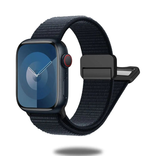 Trendy Sports Magnetic Loop band for Apple Watch, eco-friendly nylon, breathable, adjustable stainless steel buckle, sleek black design.