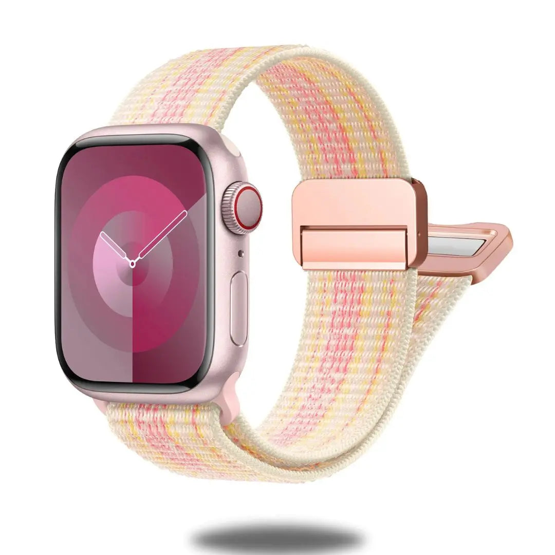 Trendy Sports Magnetic Loop Band on Apple Watch, soft eco-friendly nylon, breathable, adjustable for comfort, perfect for workouts.