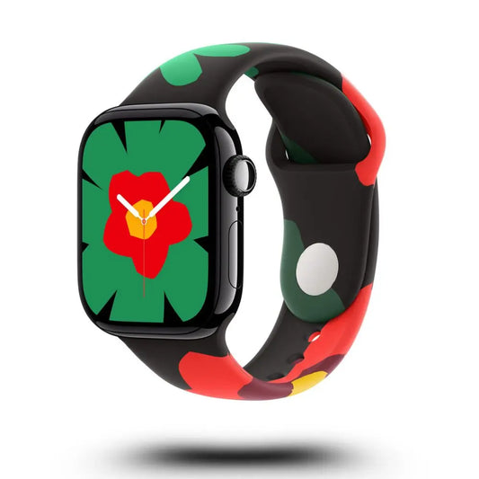Colorful Silicon Sports 2025 Apple Watch band featuring a floral design, soft and breathable for comfort and style.