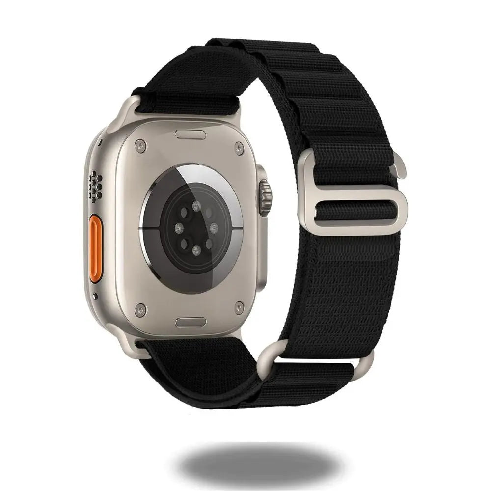 Upgraded Rugged Alpine Loop for Apple Watch in black, showcasing durability and style with seamless textile layers.