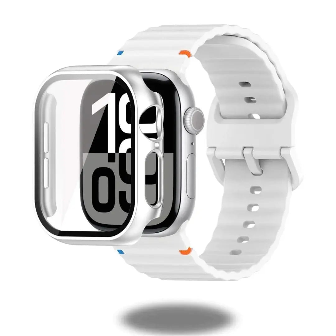 White silicone sports strap and protective case for Apple Watch, showcasing durability and style.