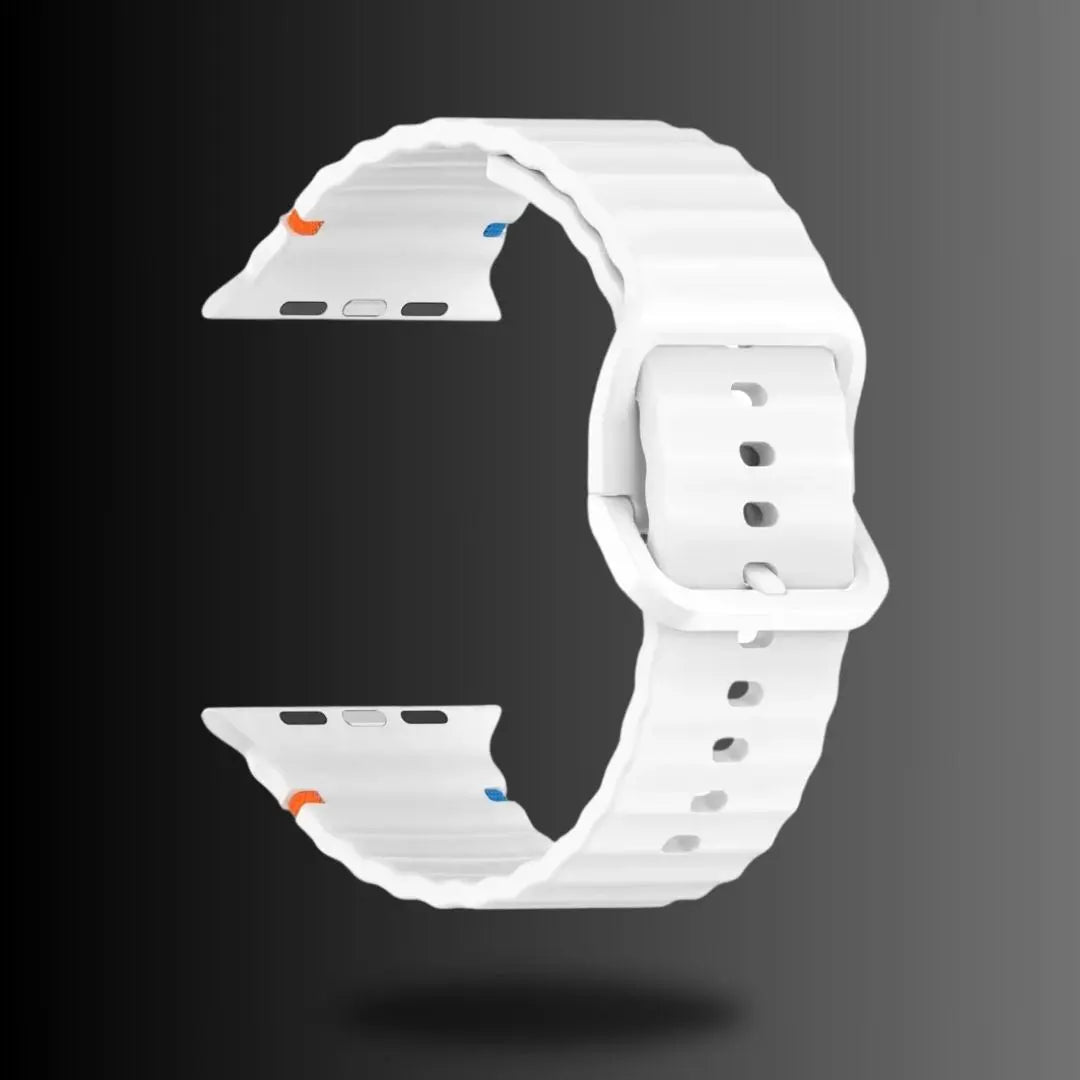 Durable white silicone sports strap for Apple Watch, designed for comfort and stylish daily wear.