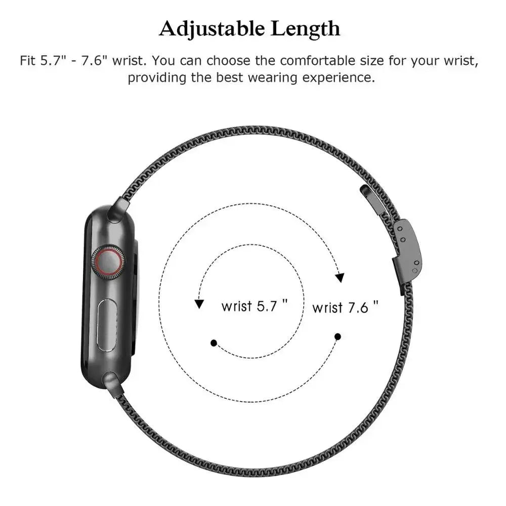 Adjustable Milanese Loop wristband fits 5.7" - 7.6" for a secure and comfortable professional look.