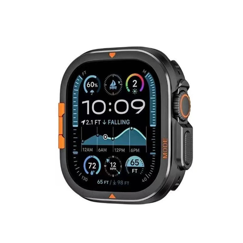 Aluminum Alloy Armor Case for Apple Watch Ultra 3/2/1 & Series 11/10 (46/49mm) shown with digital watch face.