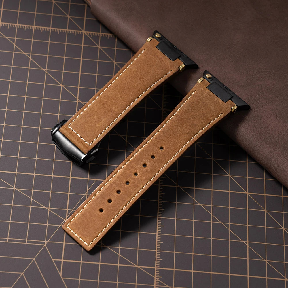 Apple Watch Leather Strap – Luxury Business Band (44–49mm) in natural leather on a crafting backdrop.