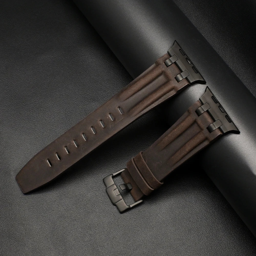 Apple Watch Ultra 3 leather band, premium leather strap for men, rugged and refined design, fits 49mm 46mm 45mm 44mm watches.